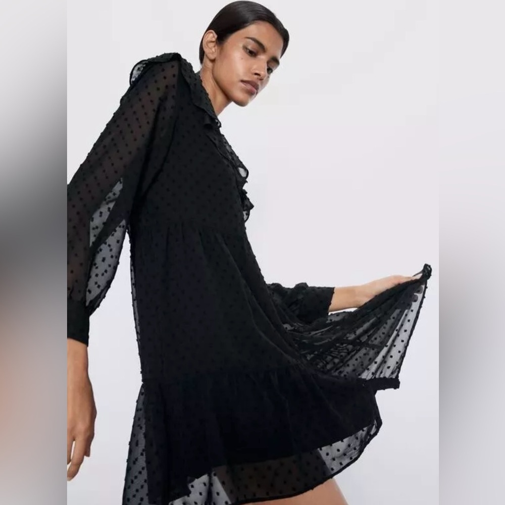 Zara Black Swiss Dot Babydoll Mini Dress Size L NWT